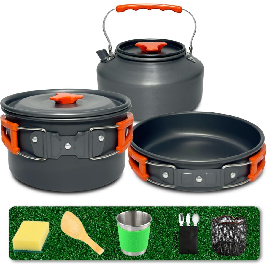 Camping Hiking Cooking - Camping-Kochgeschirr-Set: 35oz Antihaft-Topf + 59oz Bratpfanne,